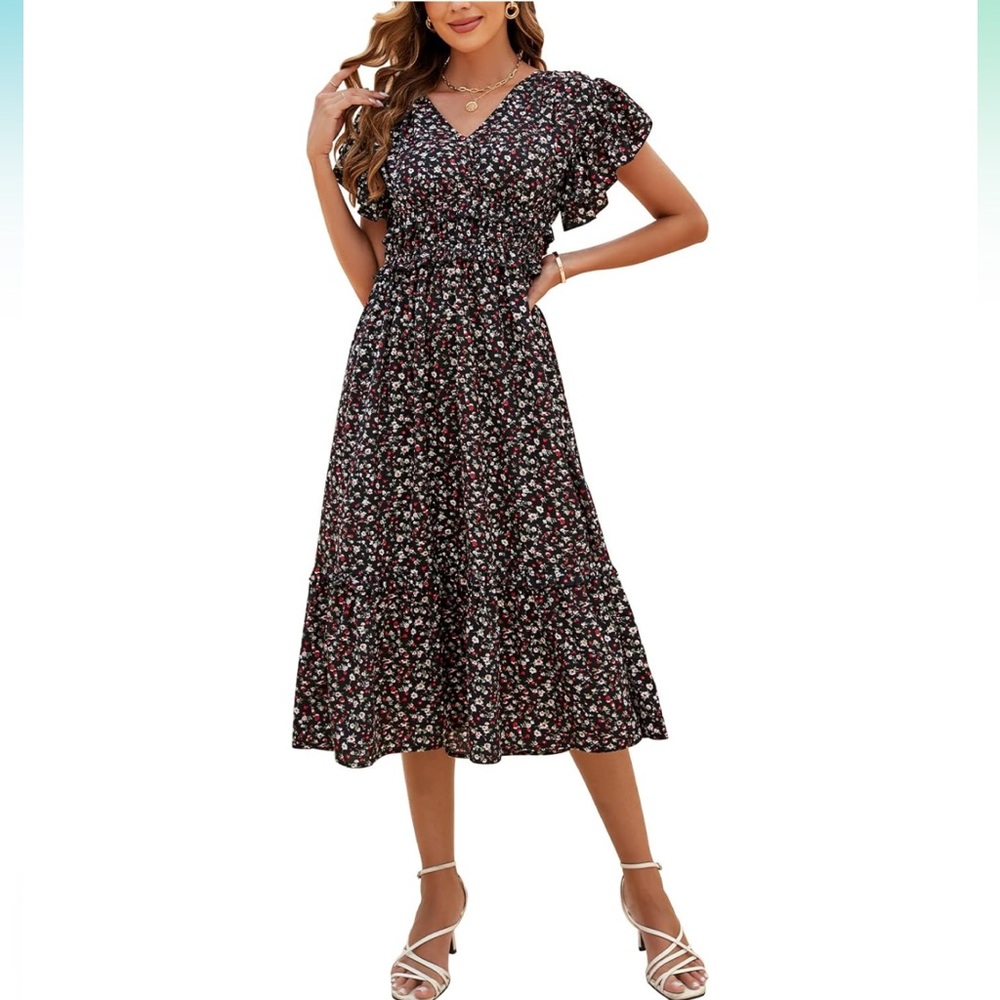 Women's Floral Short Sleeve Flutter Midi Dress - Size S
